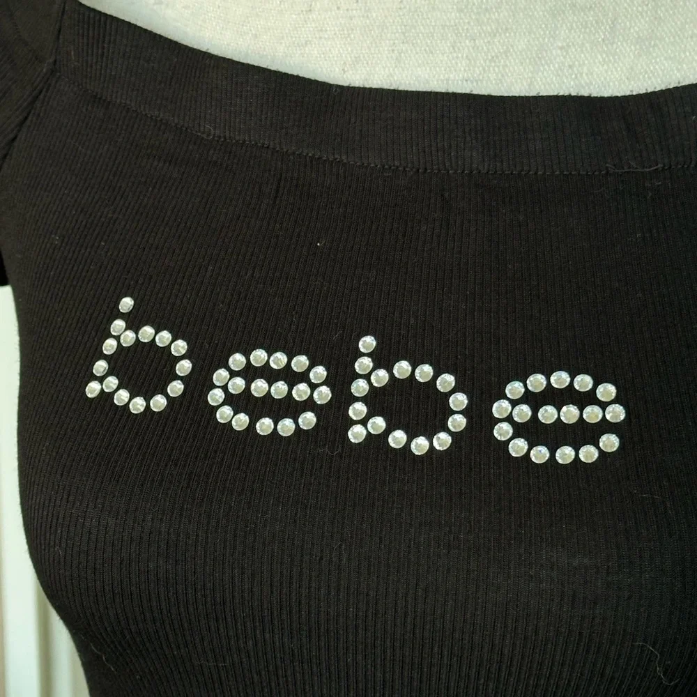 Bebe Black Mini Dress with Rhinestone Logo NWOT - Picture 4 of 6